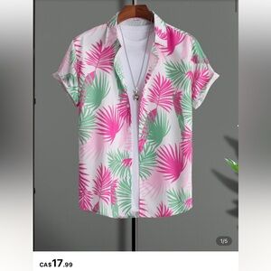 SHEIN Pink and Green Leaf Print Men's Shirt